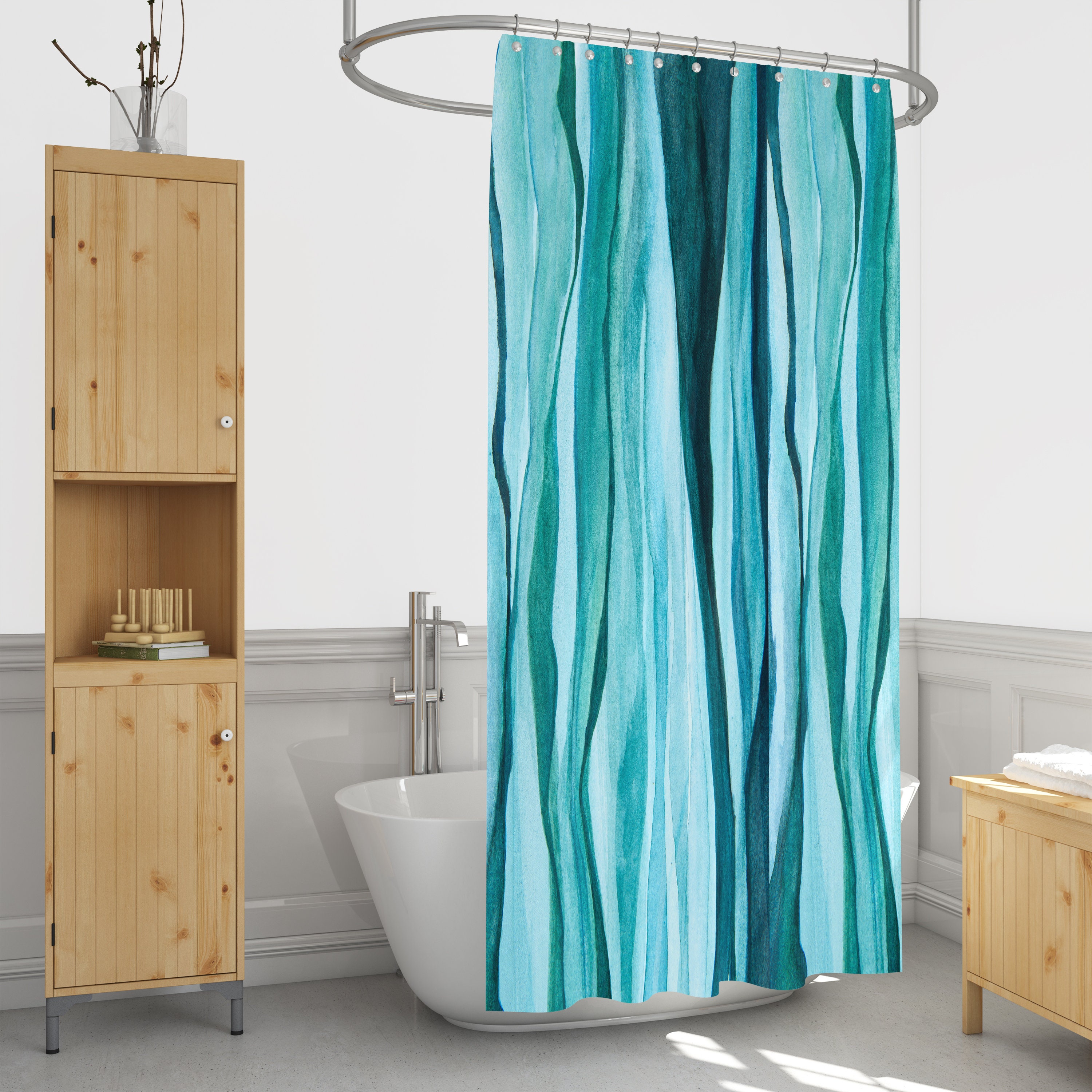 Watercolor Aqua Shower Curtain Set with Optional Towels and Bath Mat for a Calming Bathroom Decor - Image 4