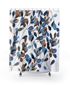 Watercolor Blue Leafs Flowers Bath Curtain - Winter Bathroom Decoration with Home Decor