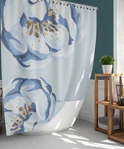 Watercolor Blue Peony Shower Curtain | Minimalist Floral Fabric Bathroom Curtain Luxury Shower Curtains