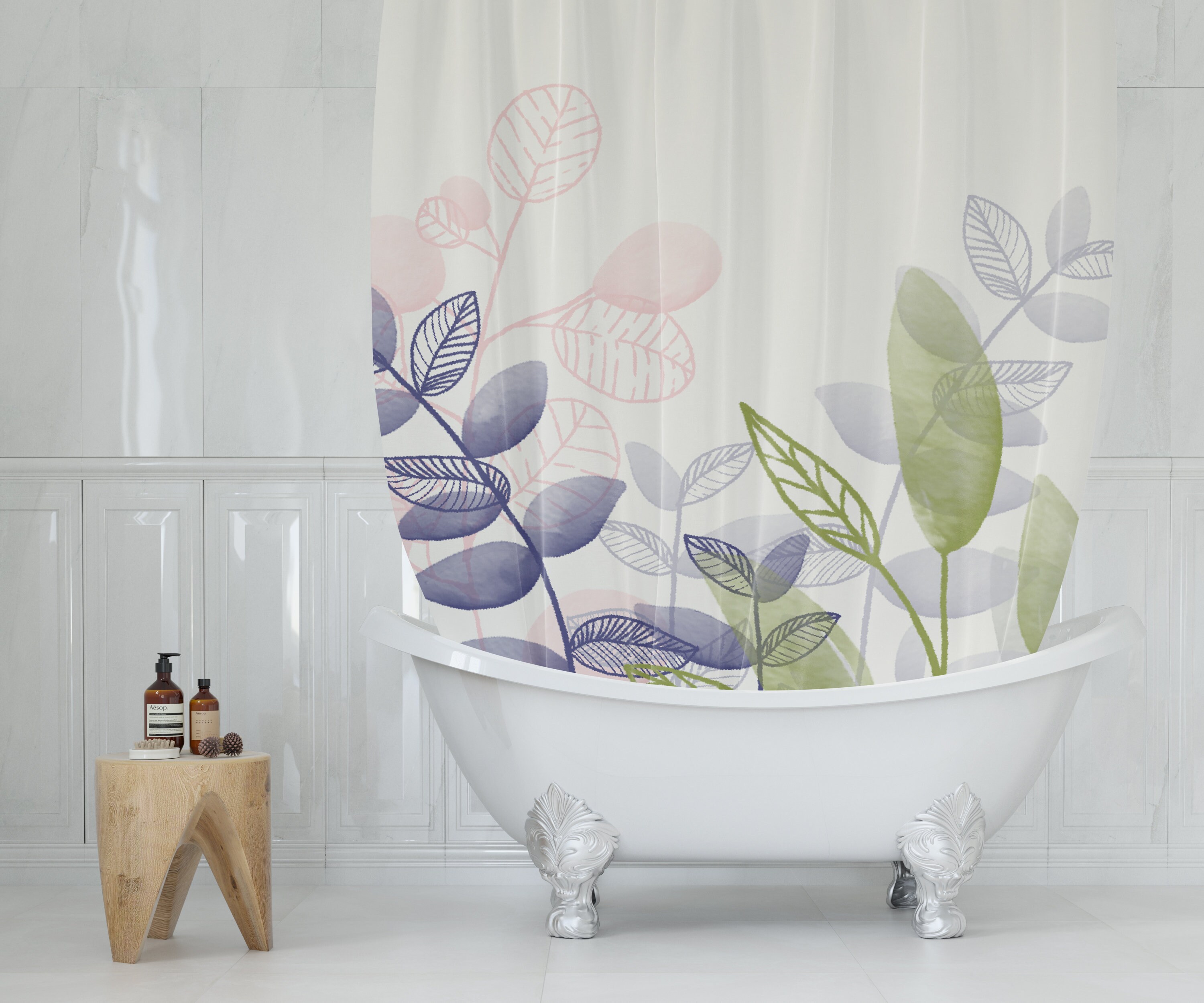 Watercolor Bohemian Leaves Shower Curtain for Farmhouse Bathroom Decor - Image 2
