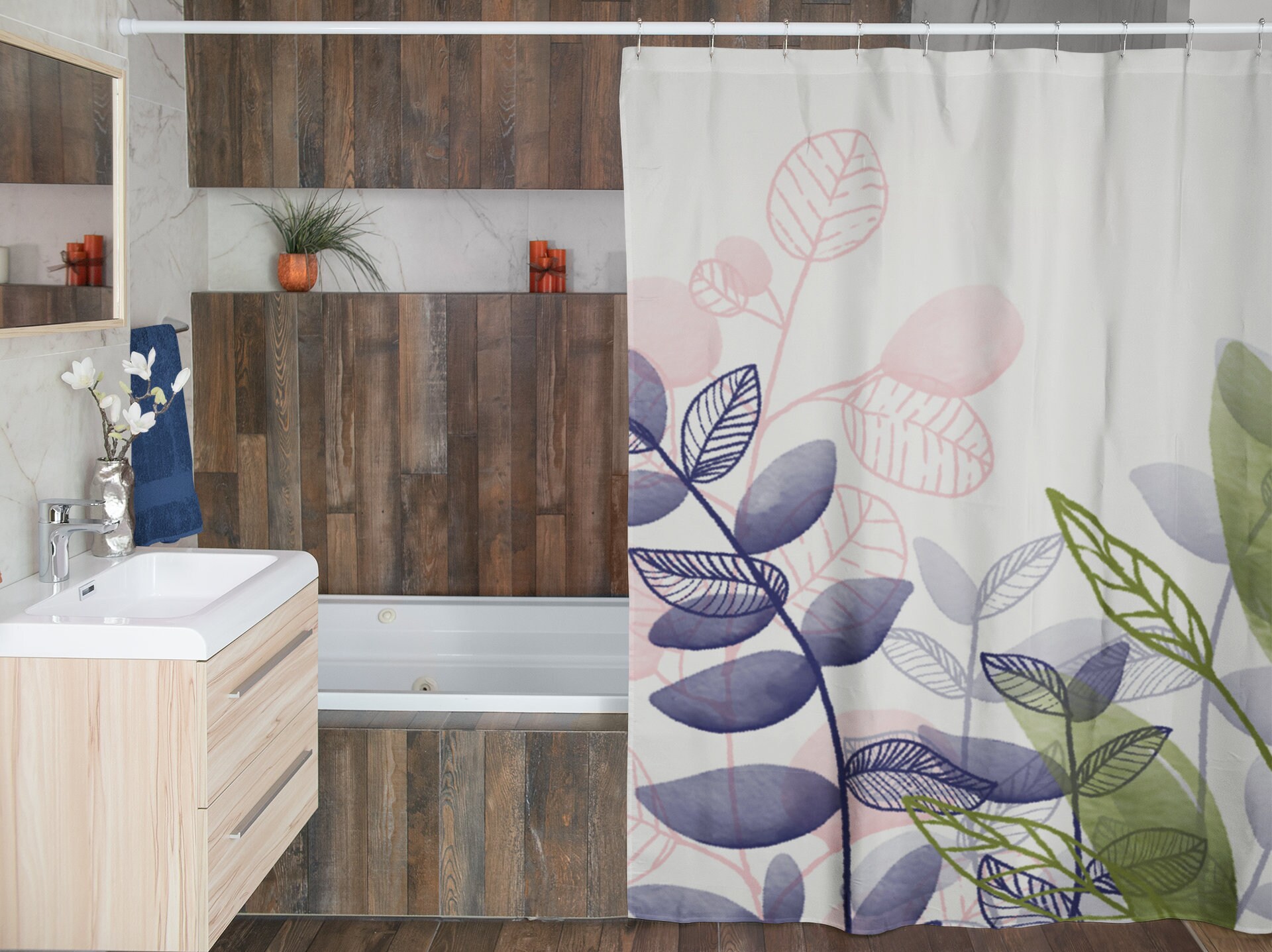 Watercolor Bohemian Leaves Shower Curtain for Farmhouse Bathroom Decor - Image 3