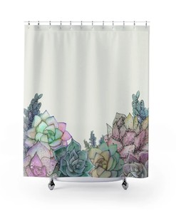 Watercolor Botanical Shower Curtain, Boho Nature Print, Succulent Bath Curtain, 71x74 in, Bathroom Decor