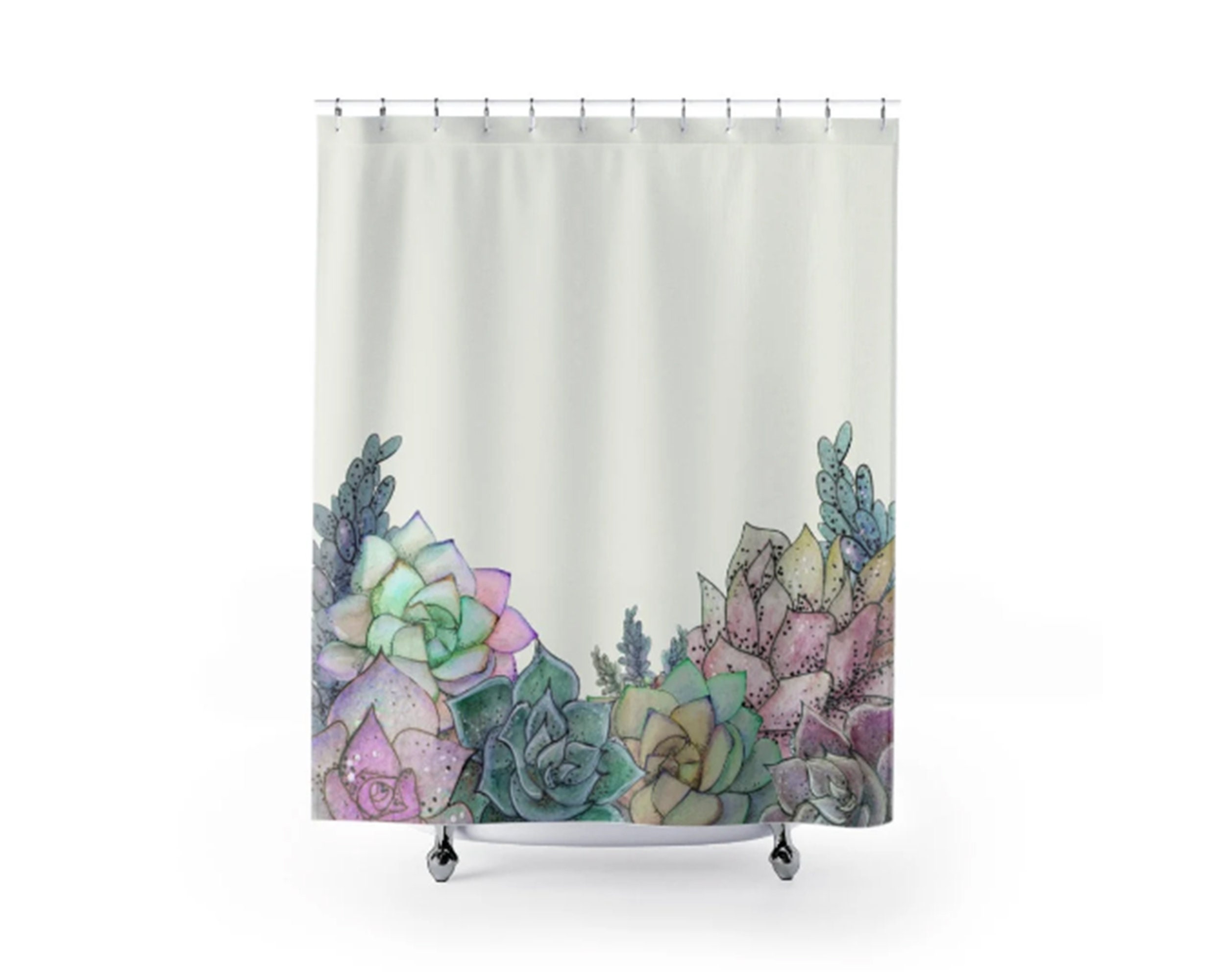 Watercolor Botanical Shower Curtain, Boho Nature Print, Succulent Bath Curtain, 71x74 in, Bathroom Decor