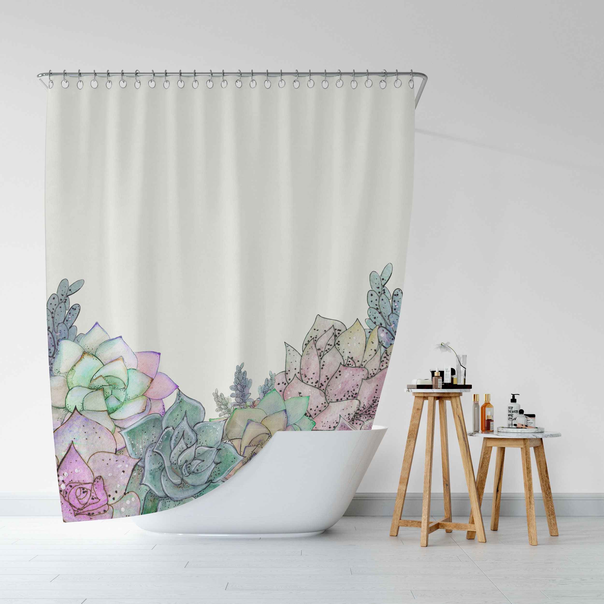 Watercolor Botanical Shower Curtain, Boho Nature Print, Succulent Bath Curtain, 71x74 in, Bathroom Decor - Image 2