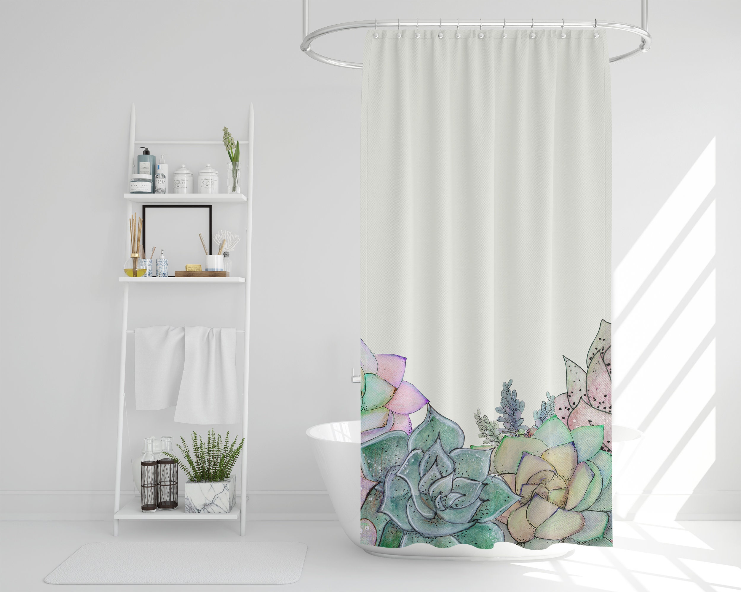 Watercolor Botanical Shower Curtain, Boho Nature Print, Succulent Bath Curtain, 71x74 in, Bathroom Decor - Image 3