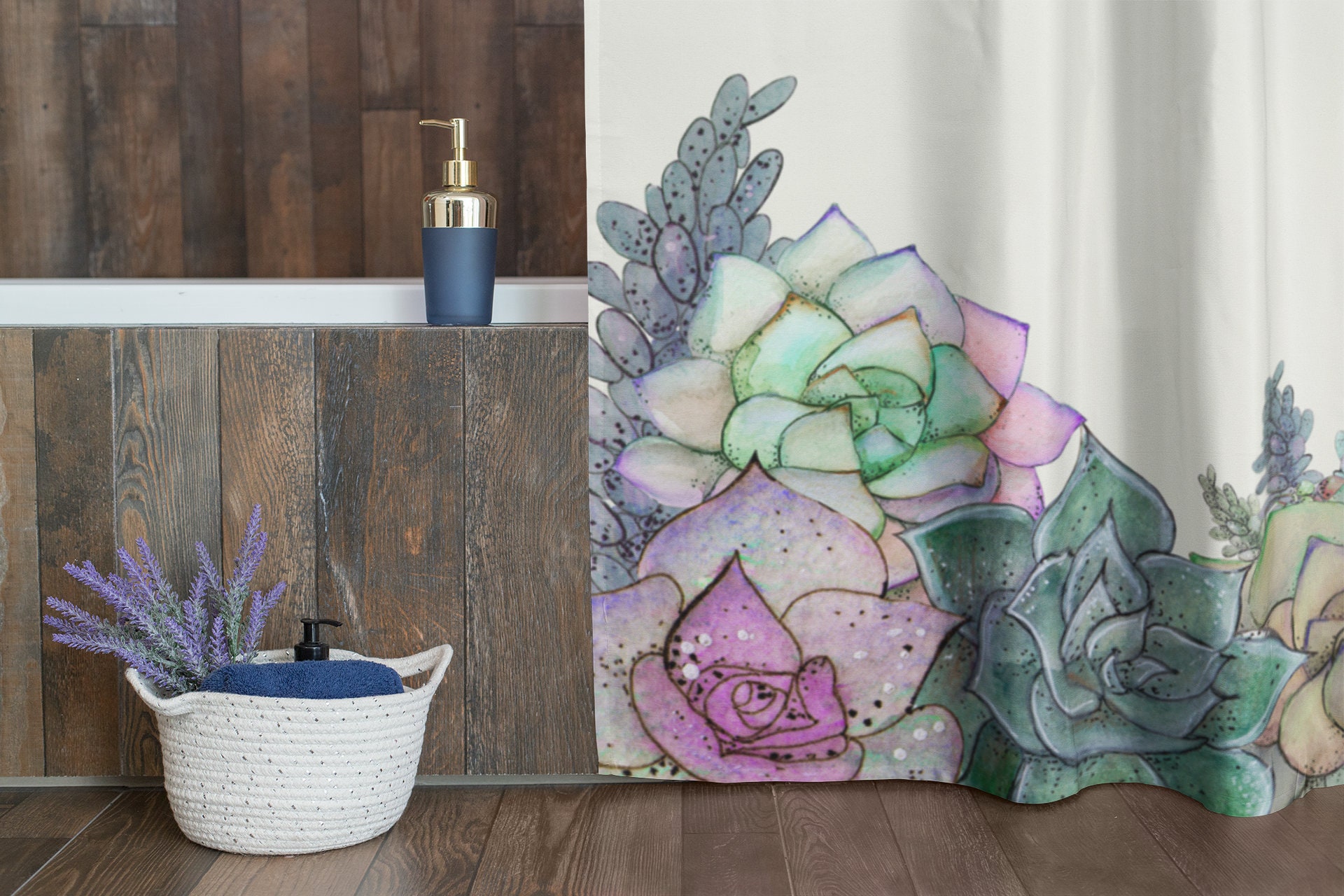 Watercolor Botanical Shower Curtain, Boho Nature Print, Succulent Bath Curtain, 71x74 in, Bathroom Decor - Image 4