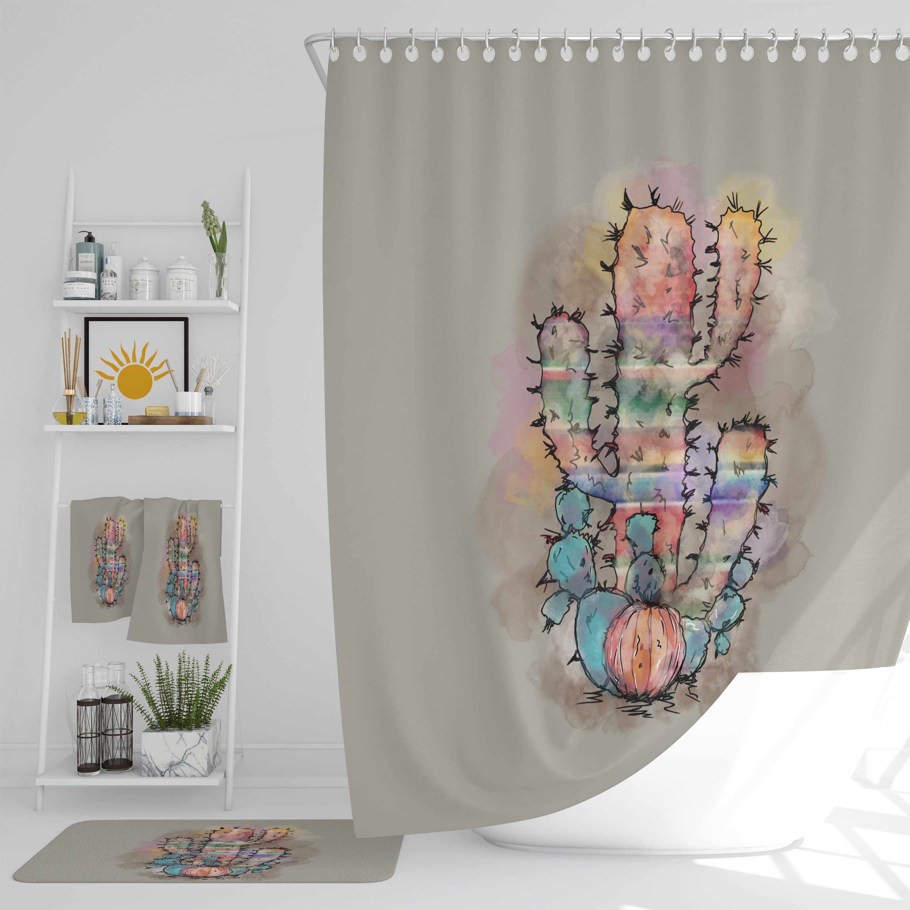 Watercolor Cactus Shower Curtain Set with Optional Towels and Bath Mat for a Desert-Inspired Bathroom Theme.