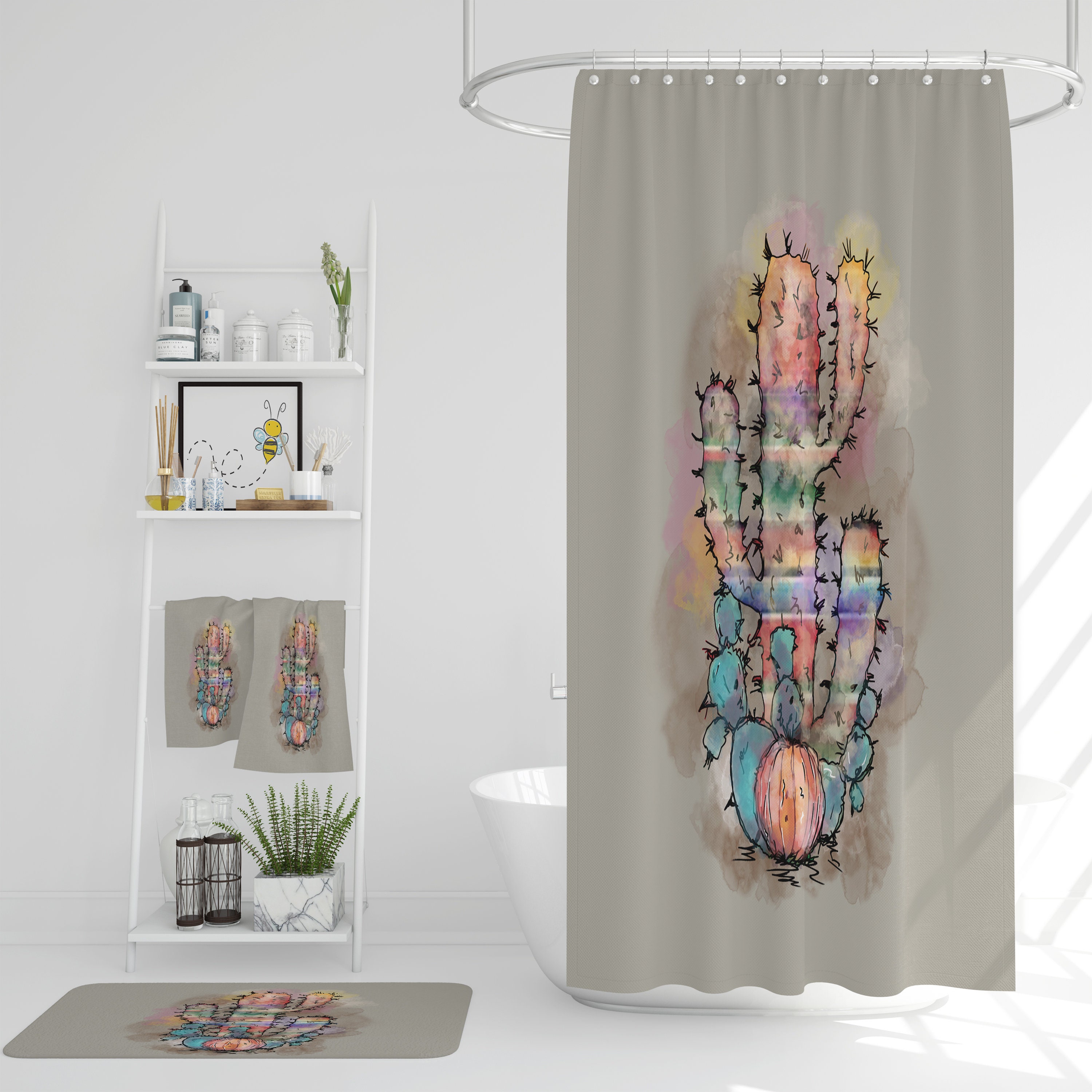 Watercolor Cactus Shower Curtain Set with Optional Towels and Bath Mat for a Desert-Inspired Bathroom Theme. - Image 2