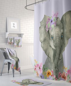 Watercolor Elephant Floral Shower Curtain - Unique Bath Curtain with Elephant