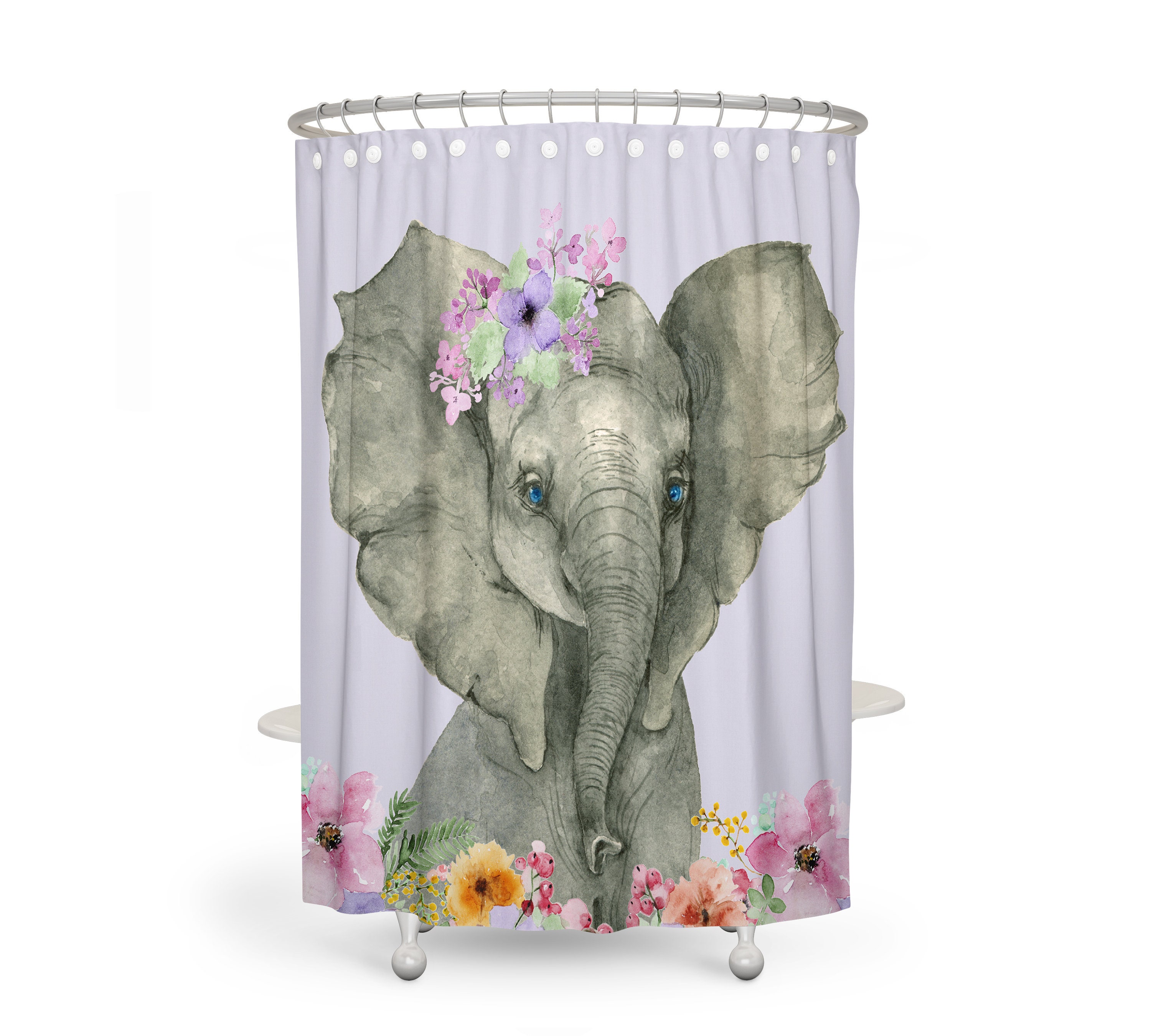Watercolor Elephant Floral Shower Curtain - Unique Bath Curtain with Elephant - Image 2