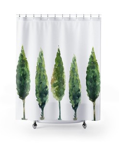 Watercolor Evergreen Trees Bath Curtain - Farmhouse Decoration with Bathroom Decoration and Woods Lover Styles