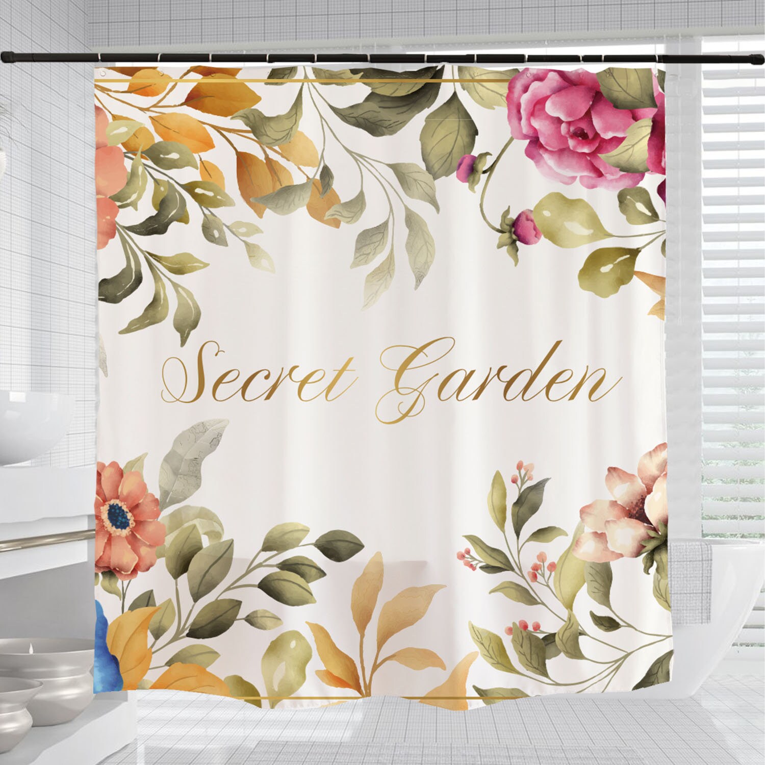 Watercolor Flowers Shower Curtain, Home Bathroom Bathtubs Decor with Feminine and Botanical Design - Image 3