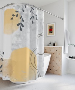 Watercolor Leaves Yellow Abstract Art Shower Curtain or Mat, Contemporary Bathroom Curtain with Warm Earth Tones Design
