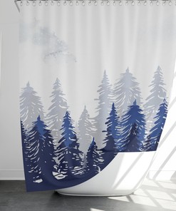 Watercolor Mountain Nature Shower Bath Curtain - Dark Woods Curtain with Scenic Mountain