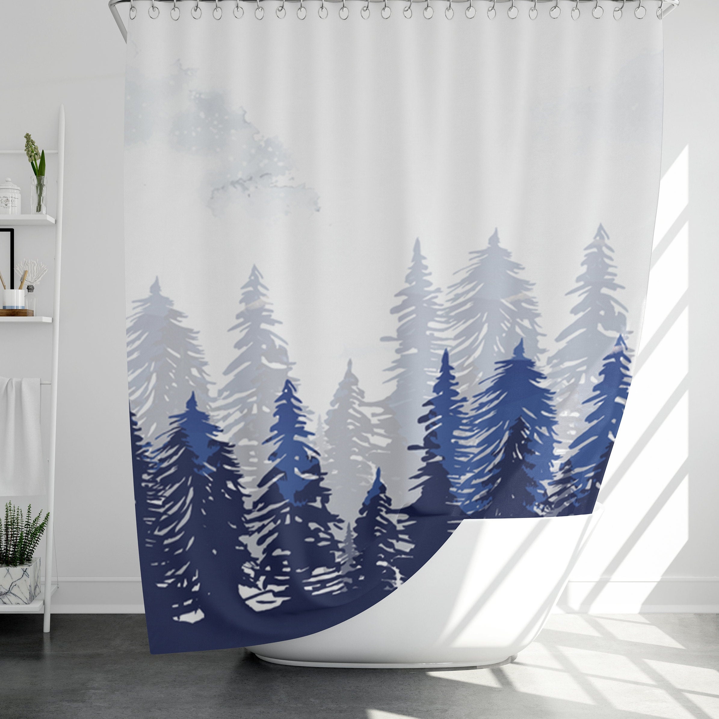 Watercolor Mountain Nature Shower Bath Curtain - Dark Woods Curtain with Scenic Mountain