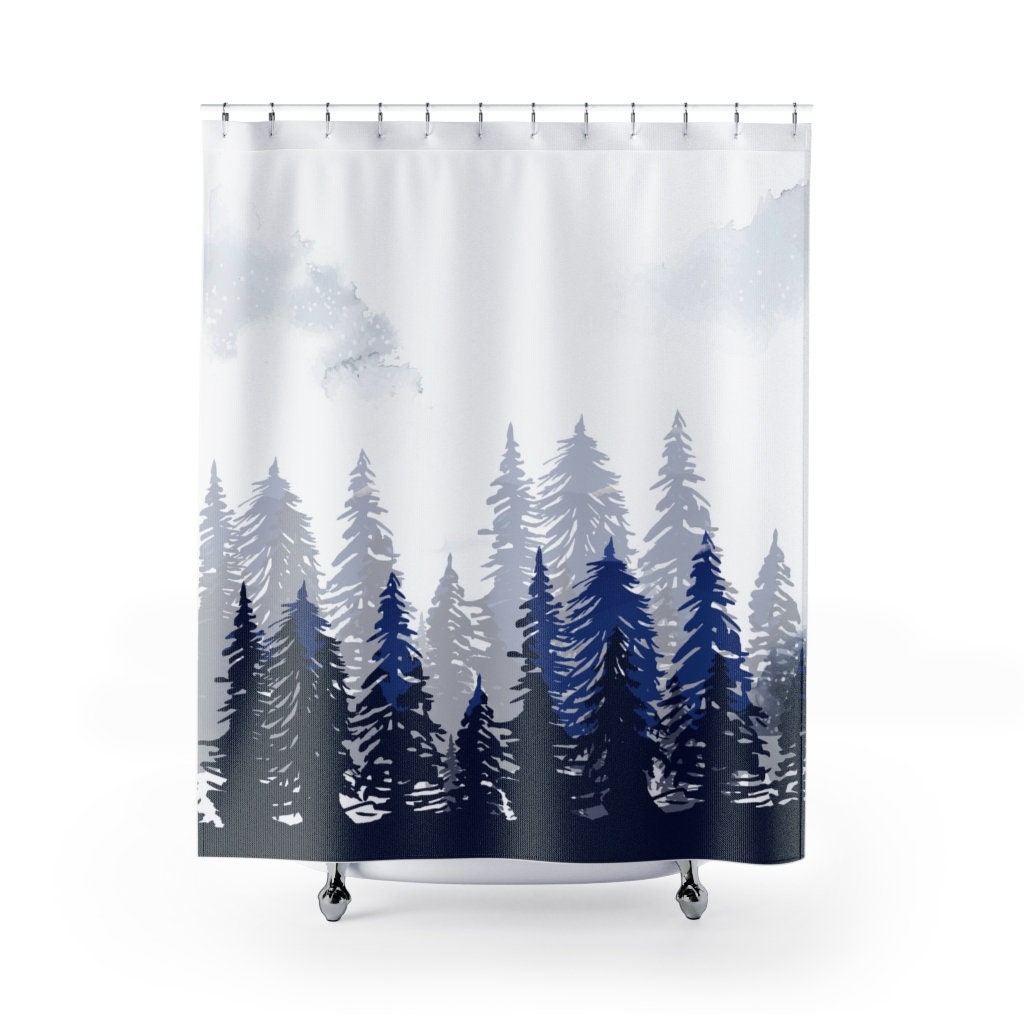 Watercolor Mountain Nature Shower Bath Curtain - Dark Woods Curtain with Scenic Mountain - Image 2