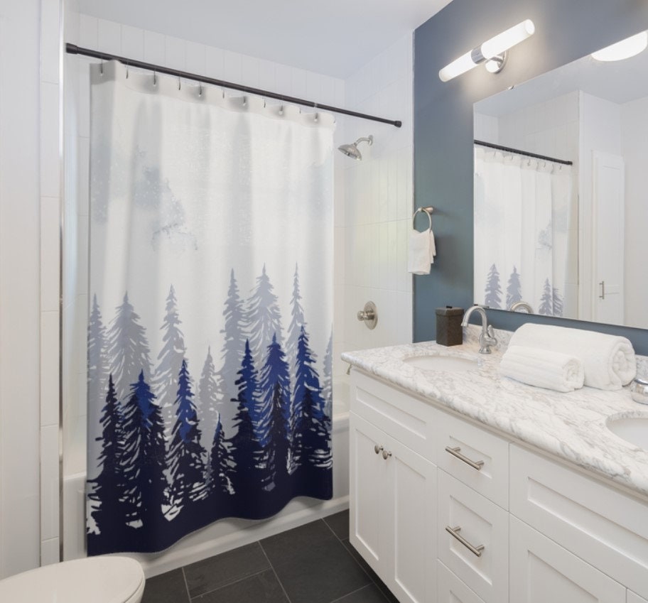 Watercolor Mountain Nature Shower Bath Curtain - Dark Woods Curtain with Scenic Mountain - Image 3
