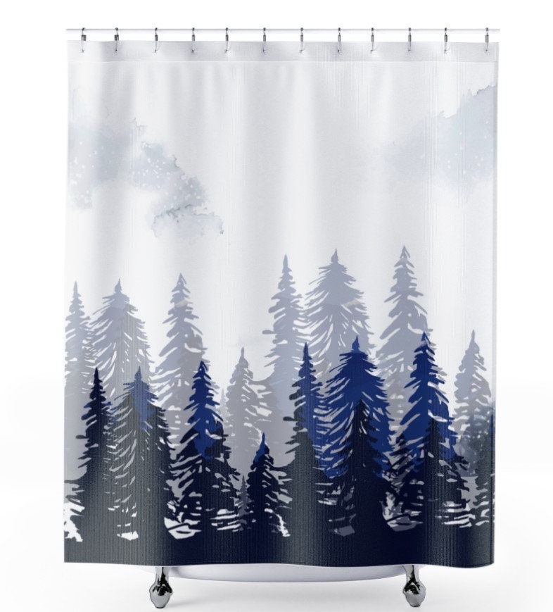 Watercolor Mountain Nature Shower Bath Curtain - Dark Woods Curtain with Scenic Mountain - Image 4