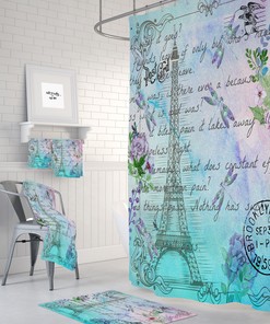 Watercolor Paris Shower Curtain, Optional Eiffel Tower Post Card and Bath Set