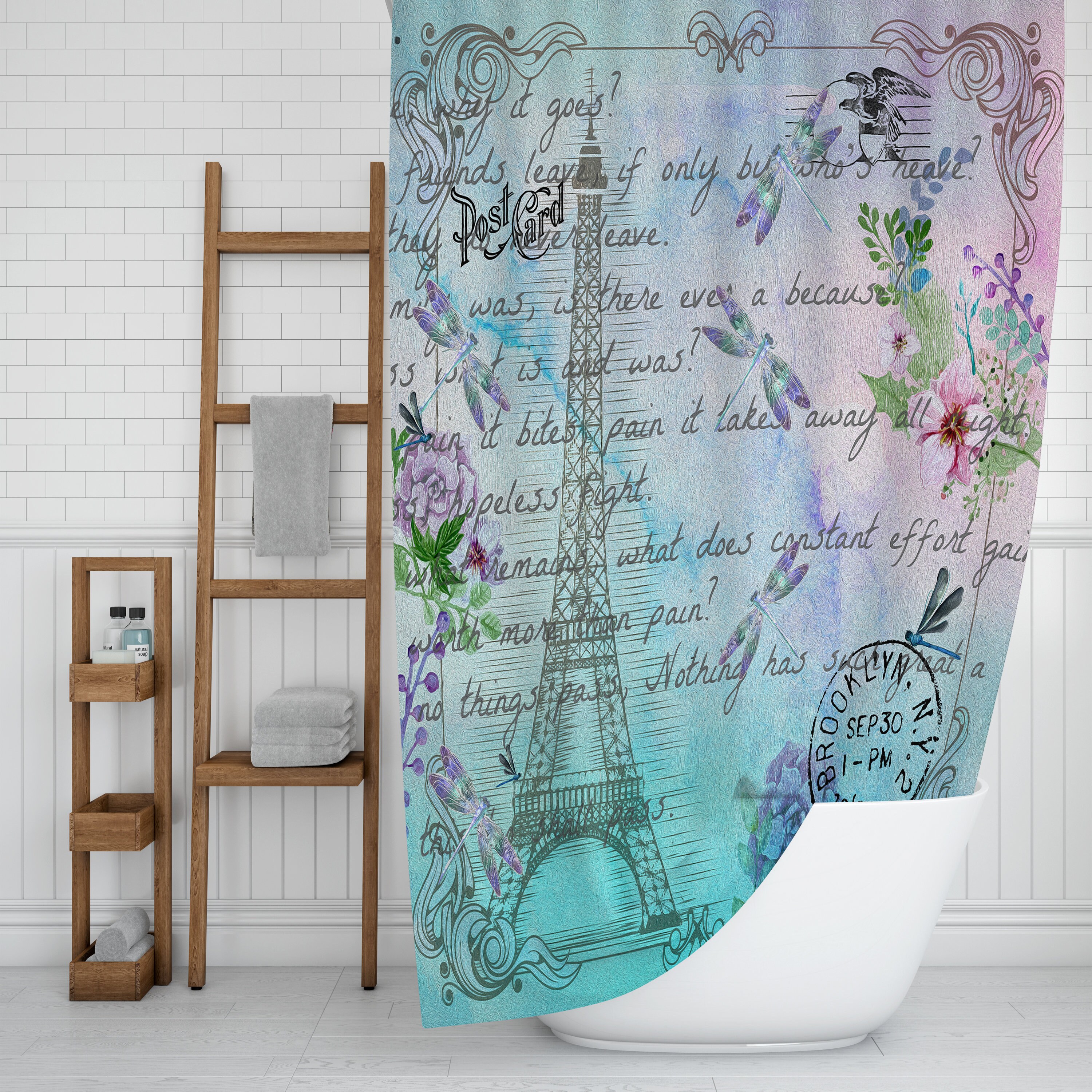 Watercolor Paris Shower Curtain, Optional Eiffel Tower Post Card and Bath Set - Image 2