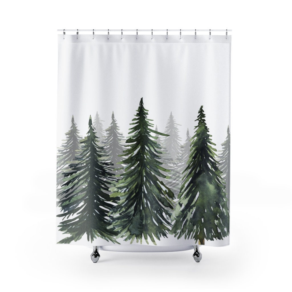 Watercolor Pine Trees Shower Curtain | Sunset Woods, Green Forest, Woods, Home Bath Decor