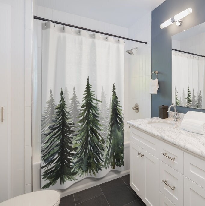 Watercolor Pine Trees Shower Curtain | Sunset Woods, Green Forest, Woods, Home Bath Decor - Image 2