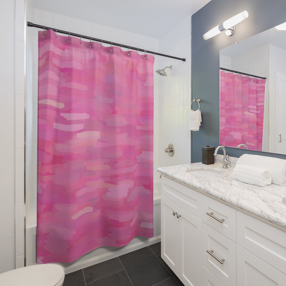 Watercolor Pink Abstract Art Shower Curtain Nature Theme Bathroom Decor with Modern Art Print - Image 2