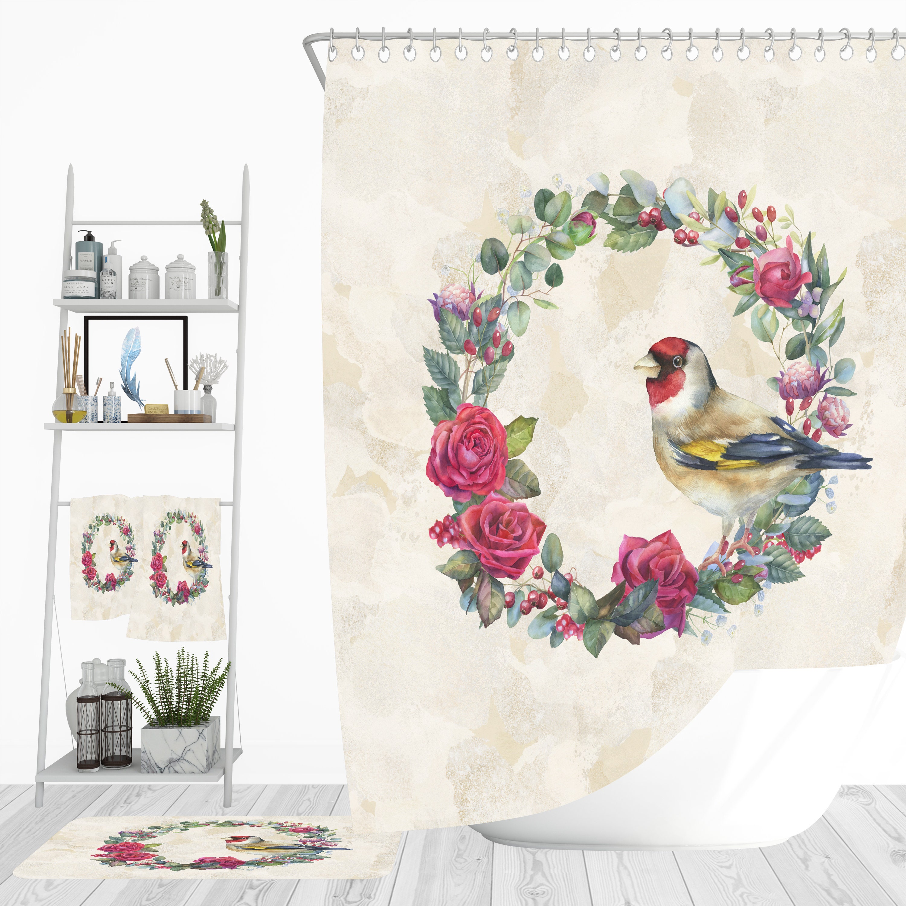 Watercolor Rose Shower Curtain with Optional Matching Towels and Bath Mat