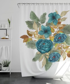Watercolor Wild Blue Flowers Floral Shower Bath Curtain - Wild Blue Rose Curtain with Scenic and Blue Bathroom Decor