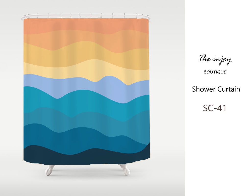 Wavy Orange Shower Curtain, Oil Painting Sky Hills, Waterproof Fabric Bathroom Shower Curtain