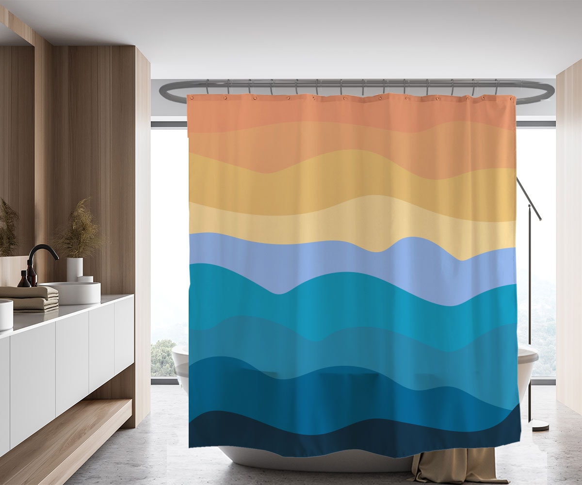 Wavy Orange Shower Curtain, Oil Painting Sky Hills, Waterproof Fabric Bathroom Shower Curtain - Image 2
