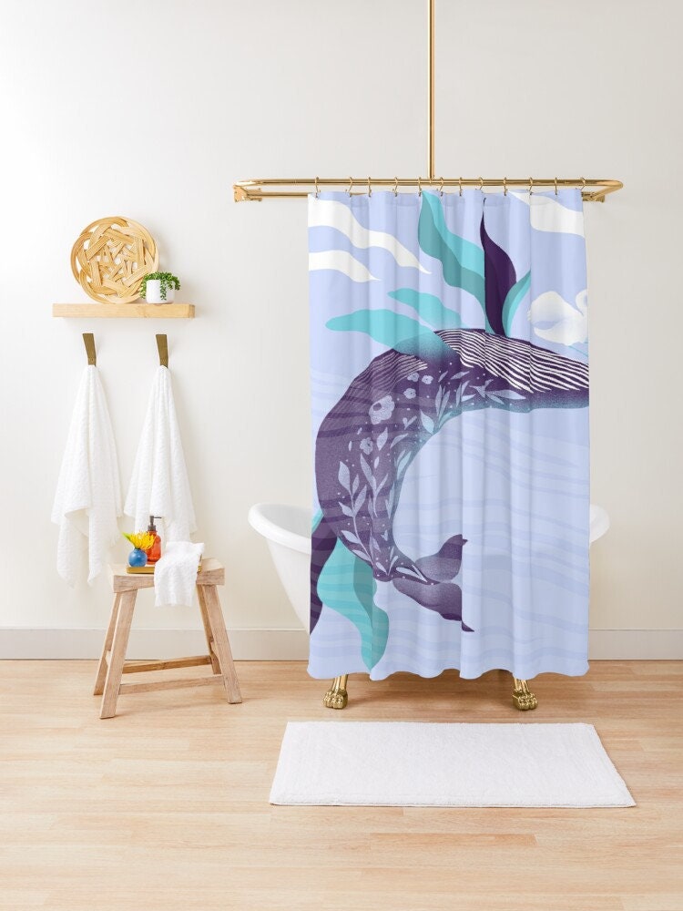 Whale Art Eco Shower Curtain | Sea Fishes Bathroom Curtain | Animal Decor Eco-Friendly Material