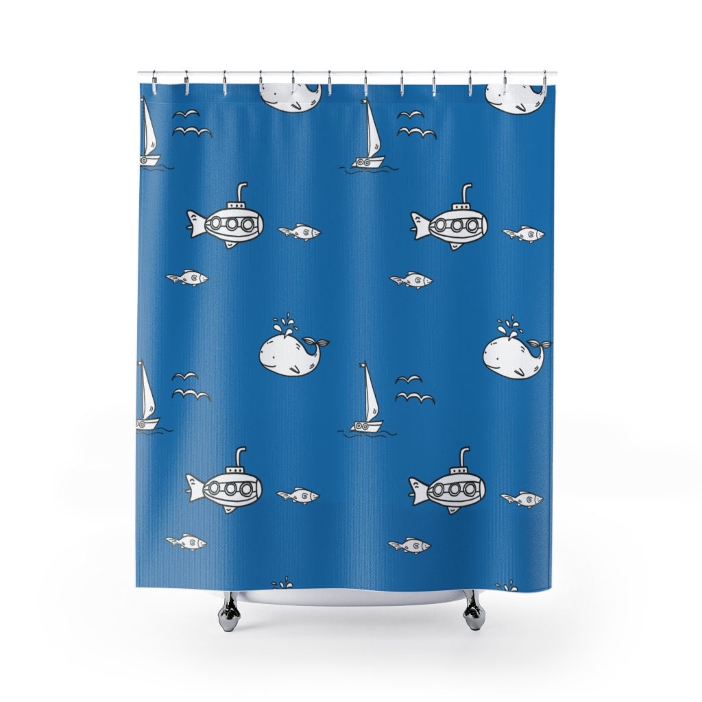 Whale Ocean Sub Nautical Sailboat Theme Shower Curtain for a coastal vibe