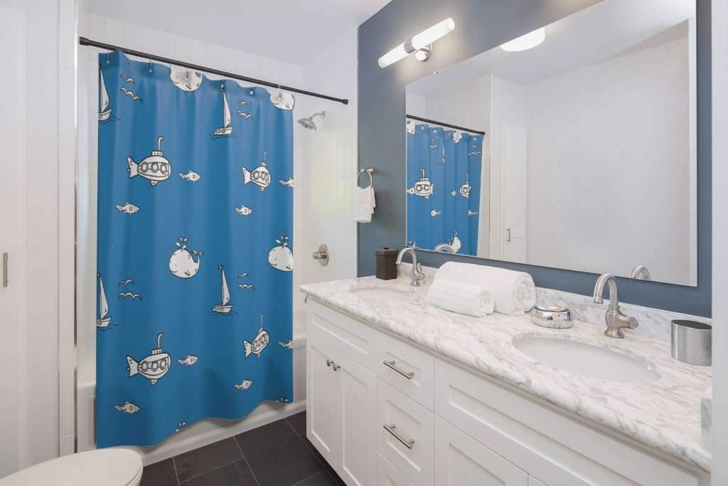 Whale Ocean Sub Nautical Sailboat Theme Shower Curtain for a coastal vibe - Image 2