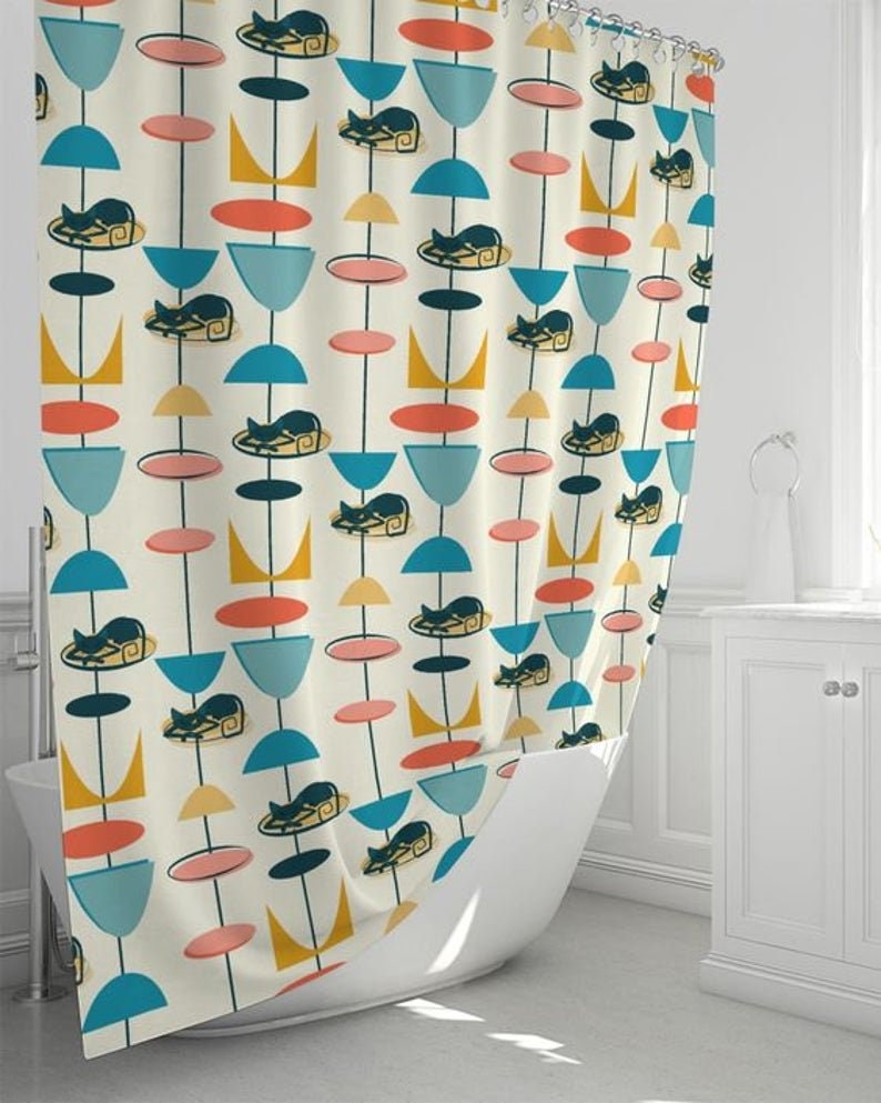 Whimsical Cool Kitty 50's Atomic Mid Century Modern Retro Shower Curtain for a Playful Look