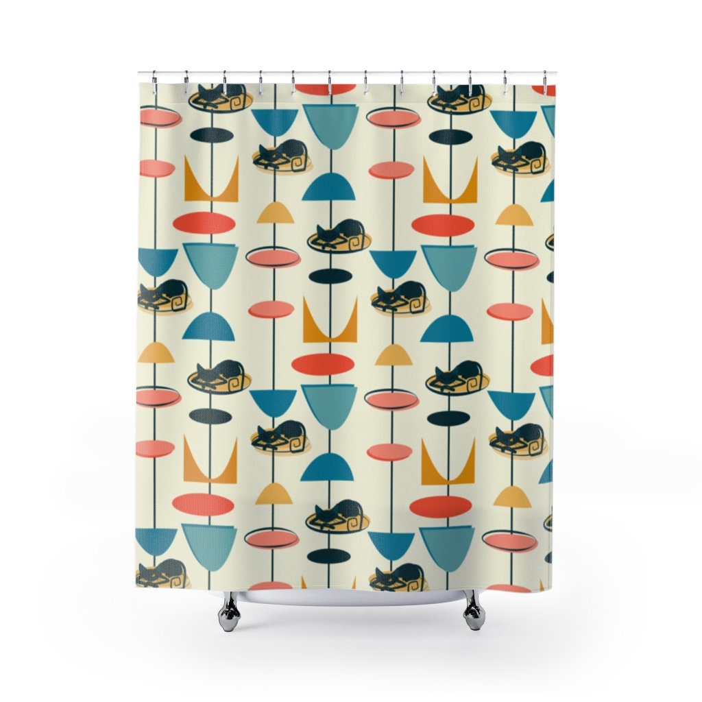 Whimsical Cool Kitty 50's Atomic Mid Century Modern Retro Shower Curtain for a Playful Look - Image 2