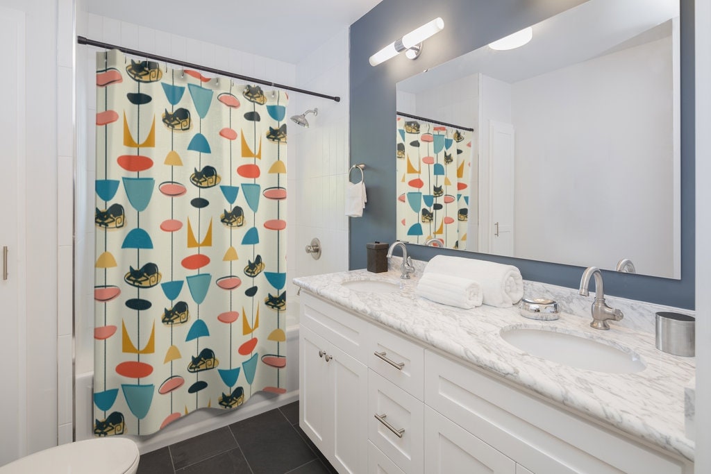 Whimsical Cool Kitty 50's Atomic Mid Century Modern Retro Shower Curtain for a Playful Look - Image 3