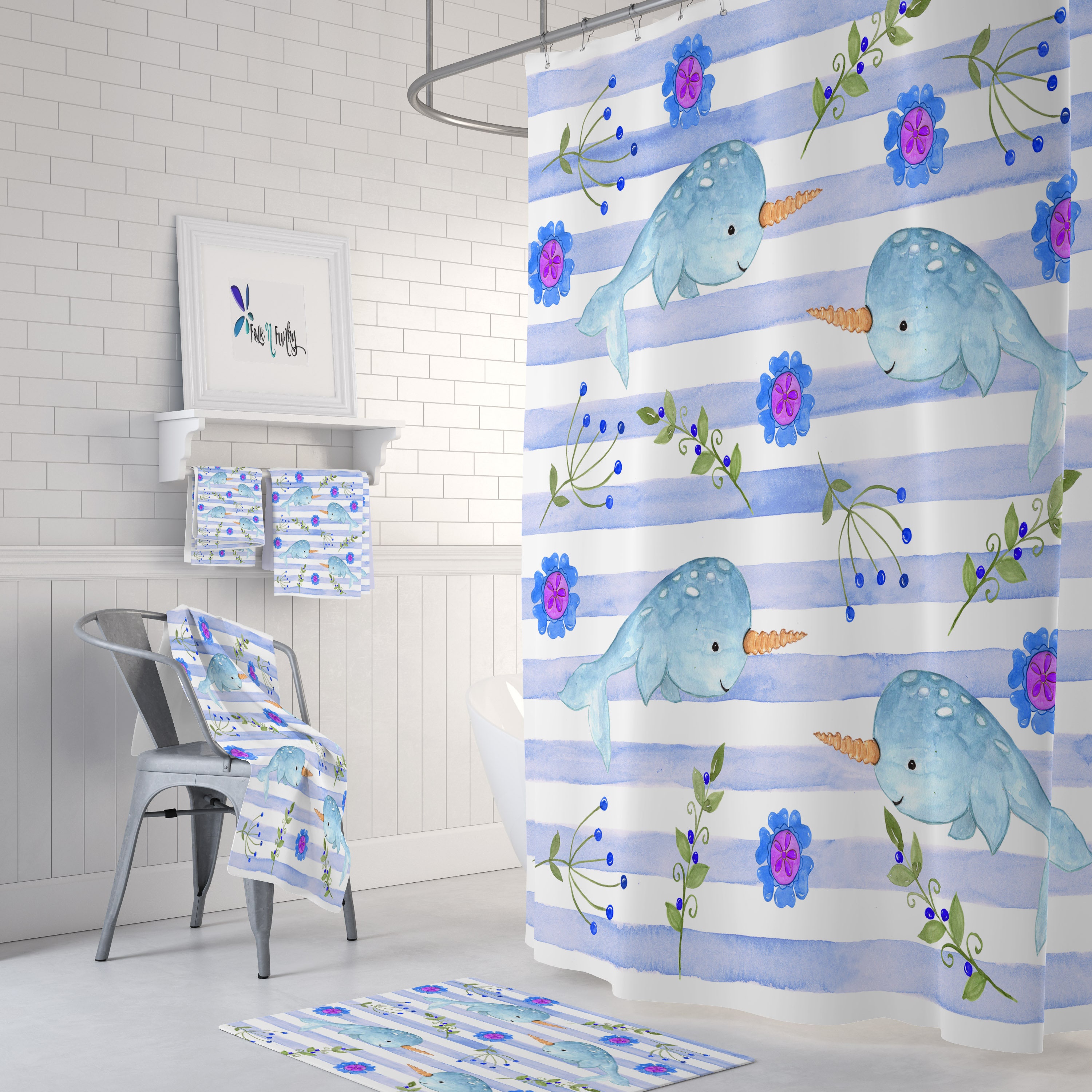 Whimsical Narwhal Shower Curtain with Oceanic Bathroom Decor