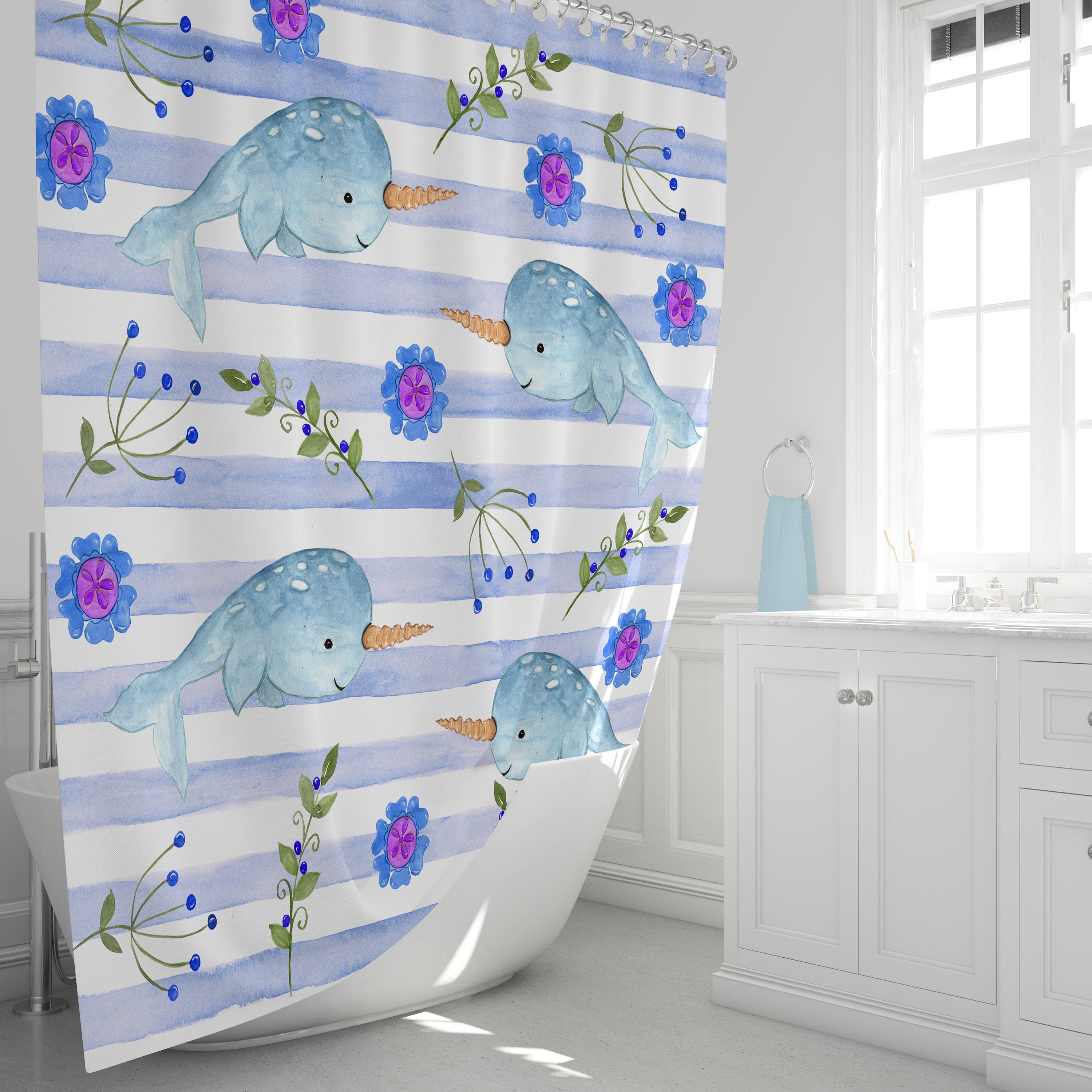 Whimsical Narwhal Shower Curtain with Oceanic Bathroom Decor - Image 2