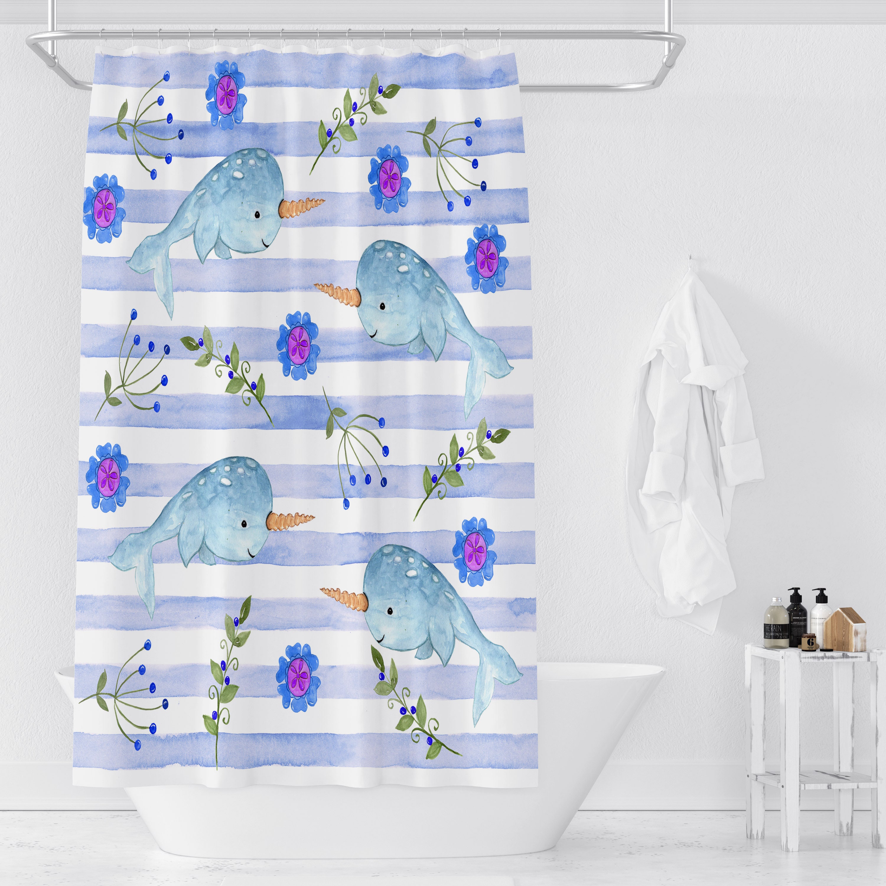Whimsical Narwhal Shower Curtain with Oceanic Bathroom Decor - Image 3