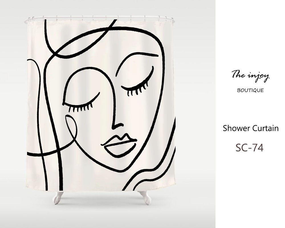 White Abstract Art Women Face Shower Curtain, Bohemian Waterproof Washable Bathroom Decor , Custom Sizes Available