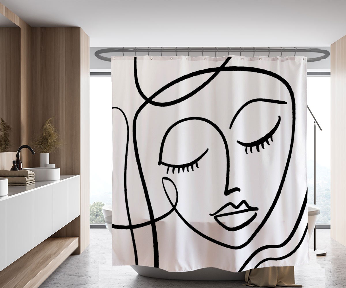 White Abstract Art Women Face Shower Curtain, Bohemian Waterproof Washable Bathroom Decor , Custom Sizes Available - Image 2