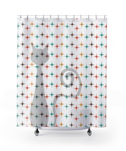 White Atomic Star Burst Teal, Mustard Yellow, Burnt Orange, and Brown Atomic Cat Retro Shower Curtain with Vintage Vibes