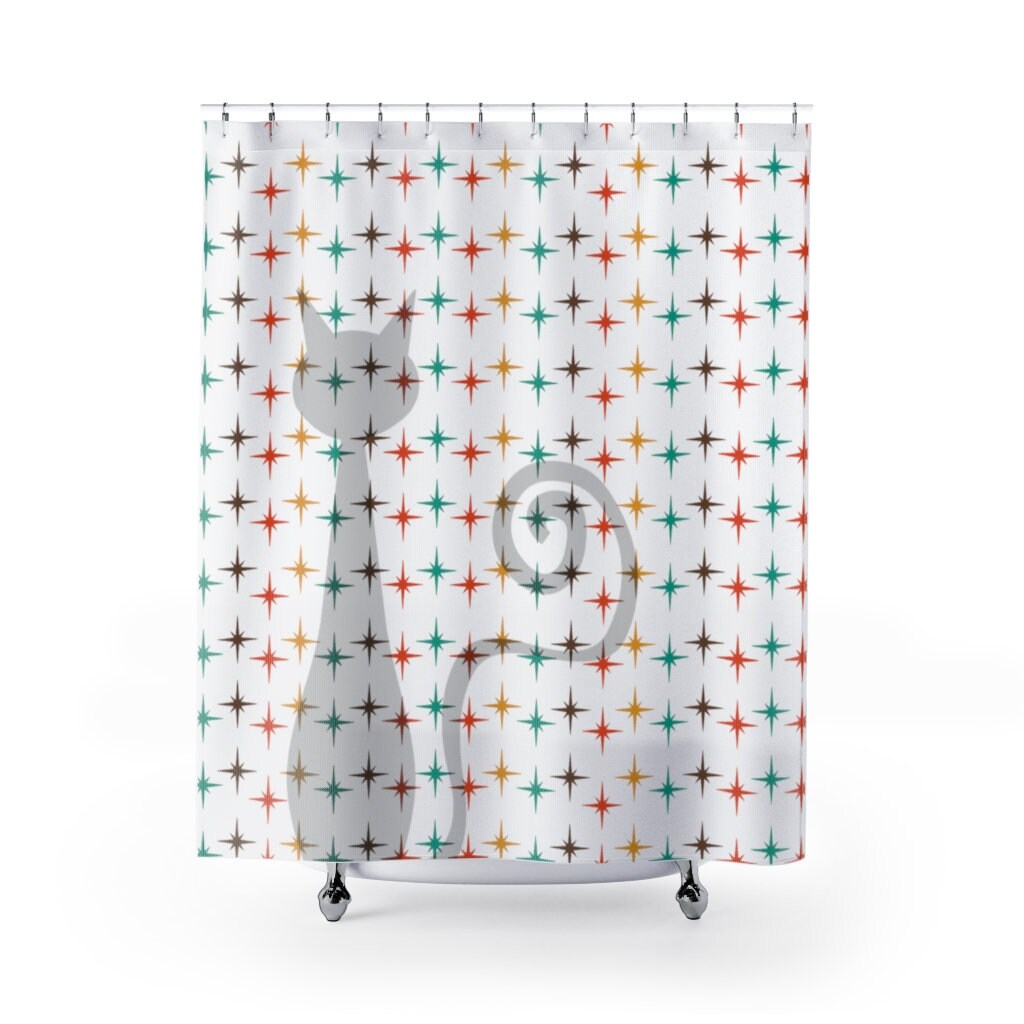 White Atomic Star Burst Teal, Mustard Yellow, Burnt Orange, and Brown Atomic Cat Retro Shower Curtain with Vintage Vibes