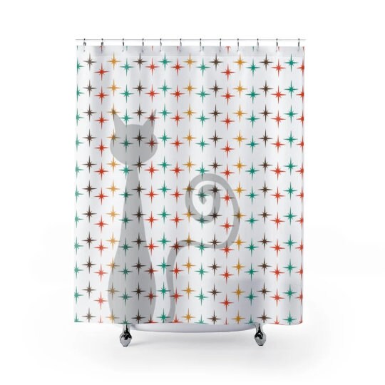 White Atomic Star Burst Teal, Mustard Yellow, Burnt Orange, and Brown Atomic Cat Retro Shower Curtain with Vintage Vibes - Image 2