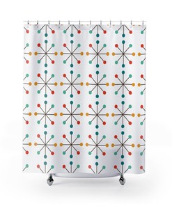 White Atomic Starburst Mid Century Modern Shower Curtain - Modernist Mod Vintage Bathroom Decor
