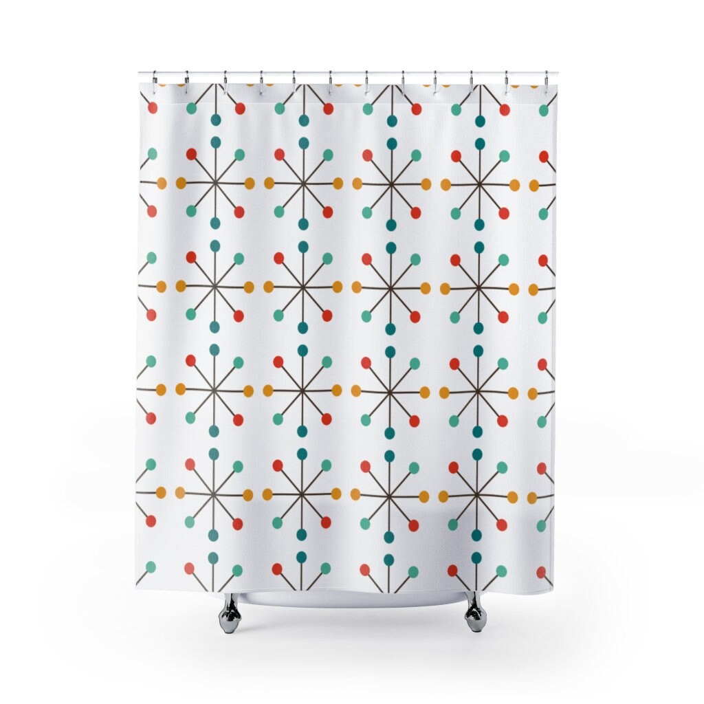 White Atomic Starburst Mid Century Modern Shower Curtain - Modernist Mod Vintage Bathroom Decor