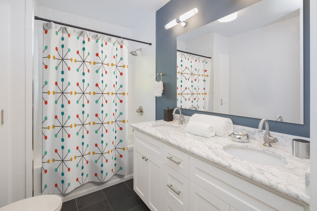 White Atomic Starburst Mid Century Modern Shower Curtain - Modernist Mod Vintage Bathroom Decor - Image 3