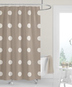 White Boho Dots Shower Curtain / Neutral Tan Fabric Bath Curtain / Minimalist Design