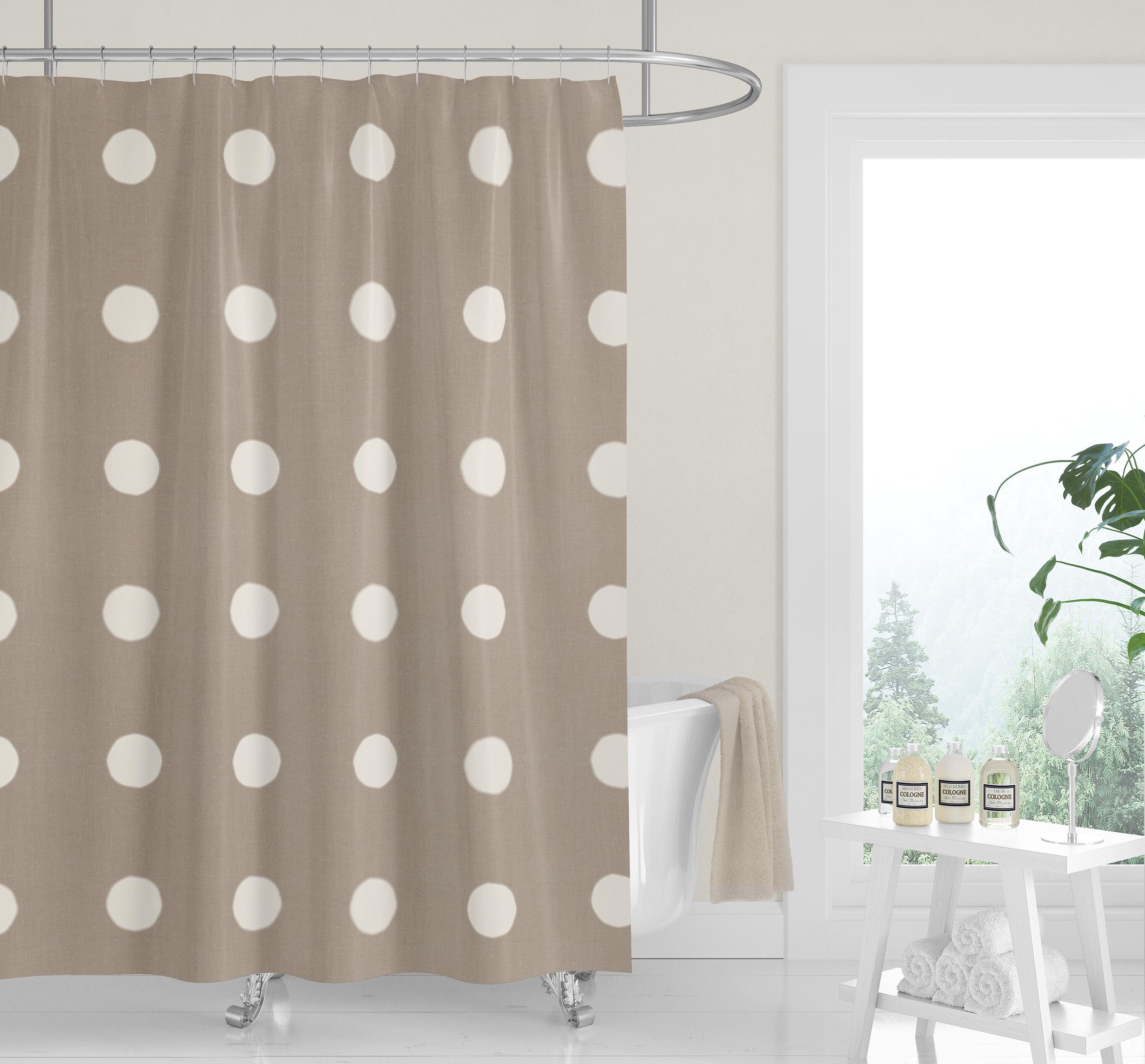 White Boho Dots Shower Curtain / Neutral Tan Fabric Bath Curtain / Minimalist Design